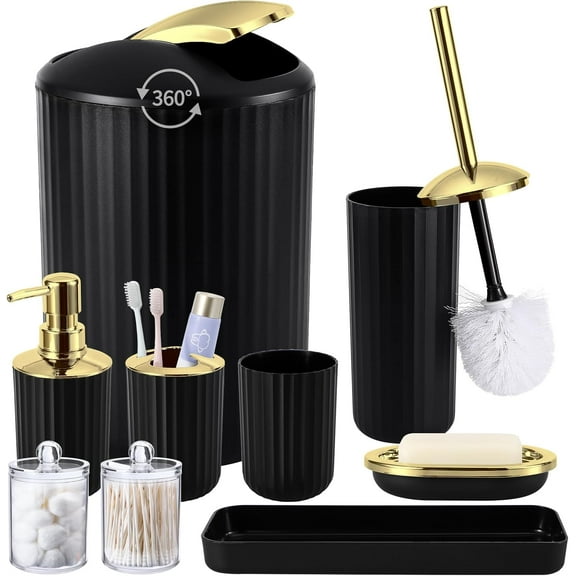 9PCS Black and Gold Bathroom Accessories Set Complete with Trash Can, Vanity Tray, Soap Dispenser, Soap Dish, Toothbrush Holder, Toothbrush Cup, Toilet Brush and Qtip Holders