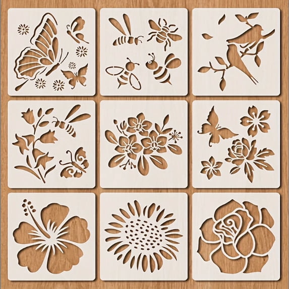 9PCS Border Stencil Craft Paint Template stencils for crafts reusable plastic floral vine butterfly designs for wood furniture wall canvas floor DIY art,E-9PCS