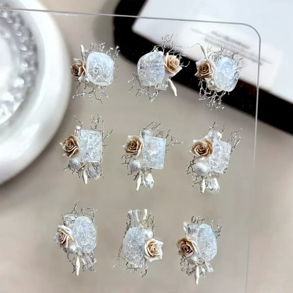 9PCS Camellia Flower Nail Rhinestones Set 3D Ice Crack Crystal Charms Mixed Shapes for Acrylic and Gel Nails