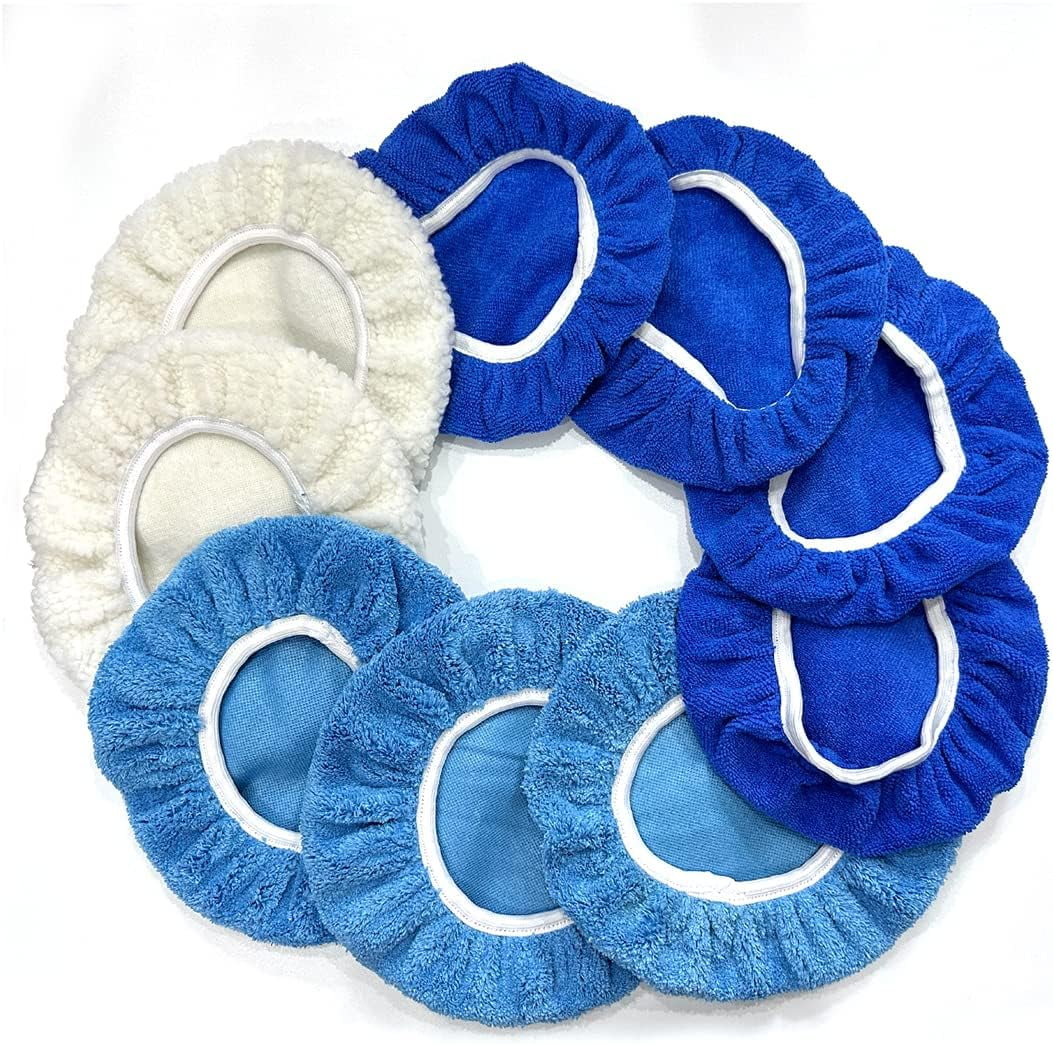 9PCS Car Buffer Polisher Pad Bonnet, 9 to 10 Inches Car Orbital Polishing Bonnet Coral Fleece Buffing Cover, Soft Microfiber Car Woolen Wax Kit, Universal Auto Cleaning Waxers Set