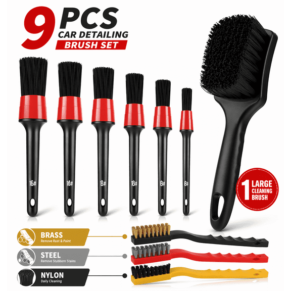 9PCS Car Detailing Brush Set, Automotive Interior and Exterior Detailing Brushes with Tire Brush, Brass Steel Nylon Brushes for Wheels, Engine Bay, Vents, Carpet and Motorcycle