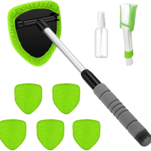 9PCS Car Window Cleaner Kit Extendable Handle Windshield Cleaning Tool with 6 Reusable Microfiber Pads with Air Vent Brush & Empty Spray Bottle