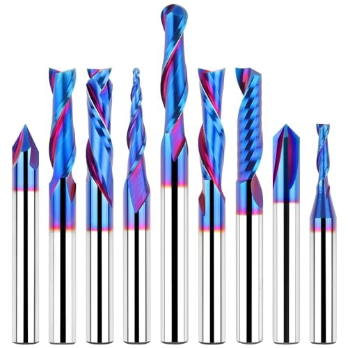 9PCS Carbide CNC Router Bits Set 1/4 Inch Shank, Multiple Uses Spiral Router Bit for Woodworking Detail Carving Trimming V Groove Engraving Slotting Mortise$$Tools & Hardware Other