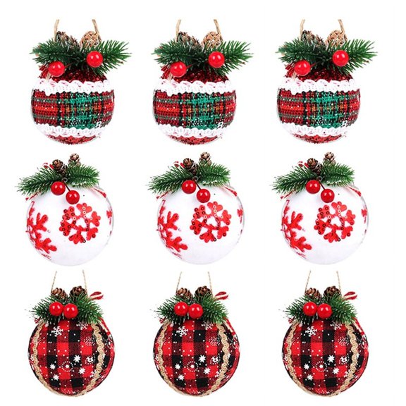 9PCS Christmas Ball Ornaments 3.15Inch Christmas Check Fabric Wrapped Balls Pendants for Christmas Decor A
