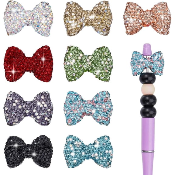 9PCS Clay Rhinestone Beads for Pens Making 9 Colors Bowknot Rhinestone Disco Ball Glass Focal Beads Glitter Bling Sparkly Diamond Bead