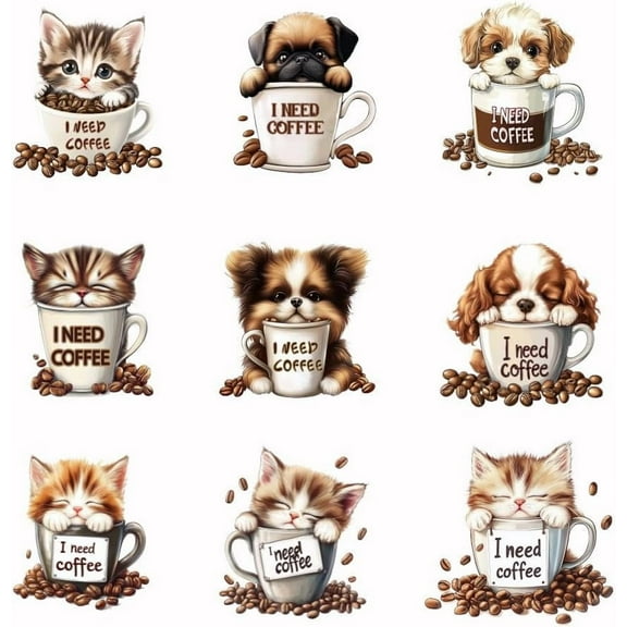9PCS Coffee Dog Iron On Transfer Patches Coffee Cat Heat Transfer Stickers DIY Iron On Decals Washable Heat Transfer Paper for Clothing T-Shirt Backpacks