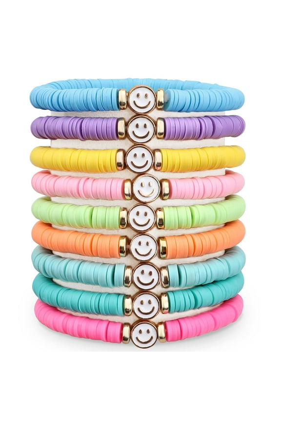 9PCS Colorful Smiley Friendship Beaded Stretch Bracelets Set, Cute Birthday Party Gift for Girl
