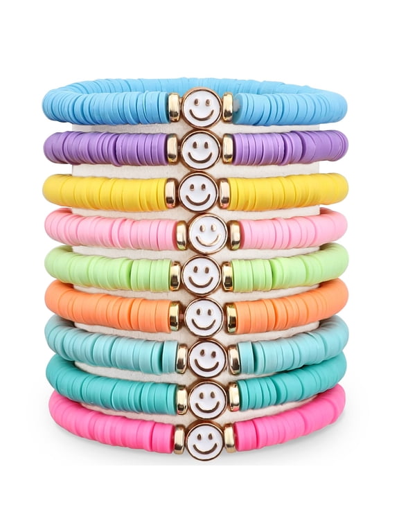 9PCS Colorful Smiley Friendship Beaded Stretch Bracelets Set, Cute Birthday Party Gift for Girl