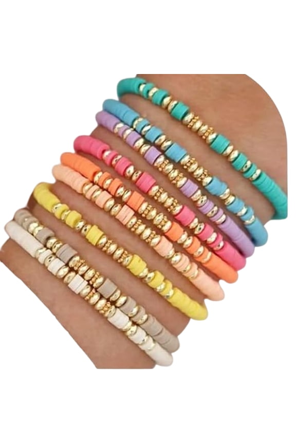 9PCS Colorful Surfer Bracelets Polymer Clay Beads Stackable Preppy Stretch Bracelets Friendship Boho Jewelry for Women Daily Wear