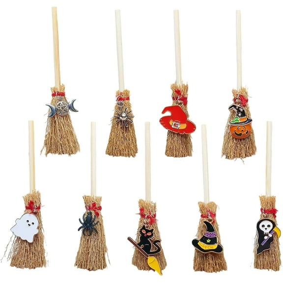 9PCS Cute Mini Witch Broomstick with Pendant Decor, Miniature Broom Props, Small Witch Broomstick Charms Halloween Decoration DIY Broom Ornament for Party