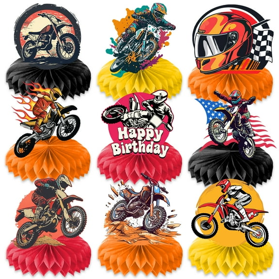 9PCS Dirt Bike Honeycomb Centerpieces Themed Birthday Party Decorations Sports Centerpiece Table Decoration Party Favors Decor Supplies Gifts for Boys Girls Men Women