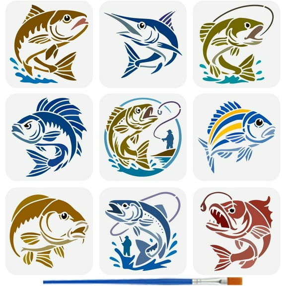 9PCS Fish Stencils with 1Pc Plastic Paint Brush 5.9x5.9inch Fishing Drawing Templates 9 Styles Decoration Fish Animals Stencils for DIY Painting on Wood Canvas Fabric Wall Furniture