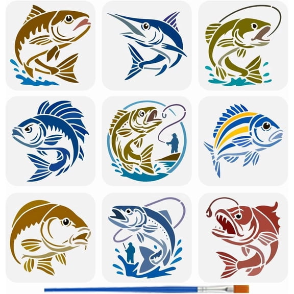 9PCS Fish Stencils with 1Pc Plastic Paint Brush 5.9x5.9inch Fishing Drawing Templates 9 Styles Decoration Fish Animals Stencils for DIY handcrafting