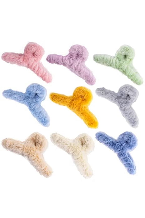 9PCS Fluffy Plush Hair Claw Clips, ALYCLIP Colorful Winter Hair Barrettes 4.2 Inch Large Non-Slip Hair Clips Super Grip Elegant Hair Accessories for Girls Woman Thick Long Hairs