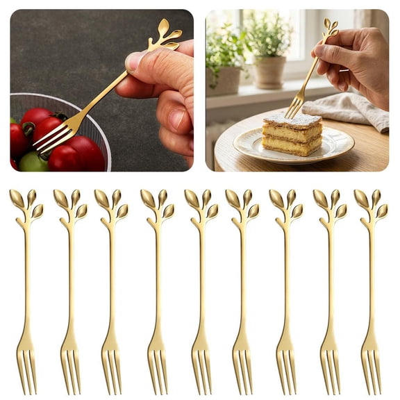 9PCS Gold Cocktail Fork Set with Leaf Design, Stainless Steel Dessert and Appetizer Forks for Fruit Seafood Cake, Small Serving Forks