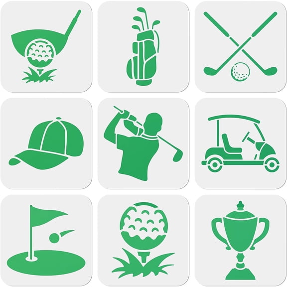 9PCS Golf Stencils Set - 6x6inch Golf Cart Caddy & Club Template - Washable PET Material for T-Shirts Albums Cards & Painting