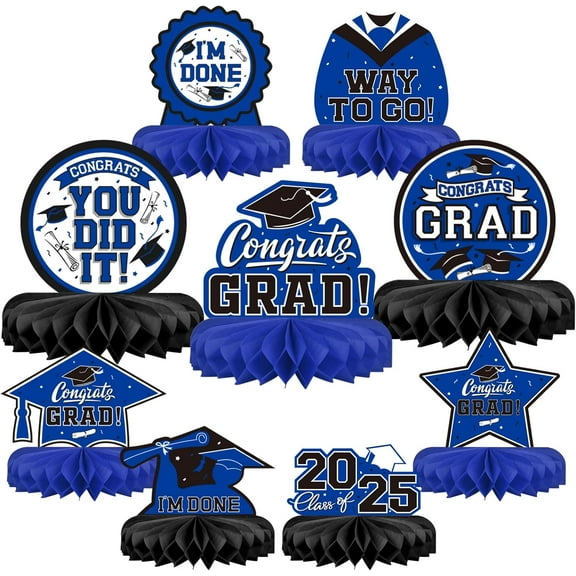 9PCS Graduation Party Decorations Class of 2024 Congrats Grad Table Centerpiece Congratulate Graduation Honeycomb Table Toppers for Graduation Party Supplies(Blue,Black)
