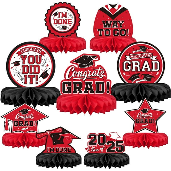 9PCS Graduation Party Decorations Class of 2025 Congrats Grad Table Centerpiece Congratulate Graduation Honeycomb Table Toppers for Graduation Party Supplies(Red,Black)