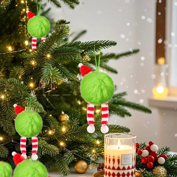 9PCS Green Furry Christmas Ball Ornaments 2.39 Inch Furry Elf Ornaments with Red Bow Xmas Hanging Decorations Lime Green Soft Pom Pom Ball Decor for Christmas Tree Party Supplies