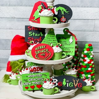 Grinch Tiered Tray Decor,Green Christmas Tree Wooden Signs