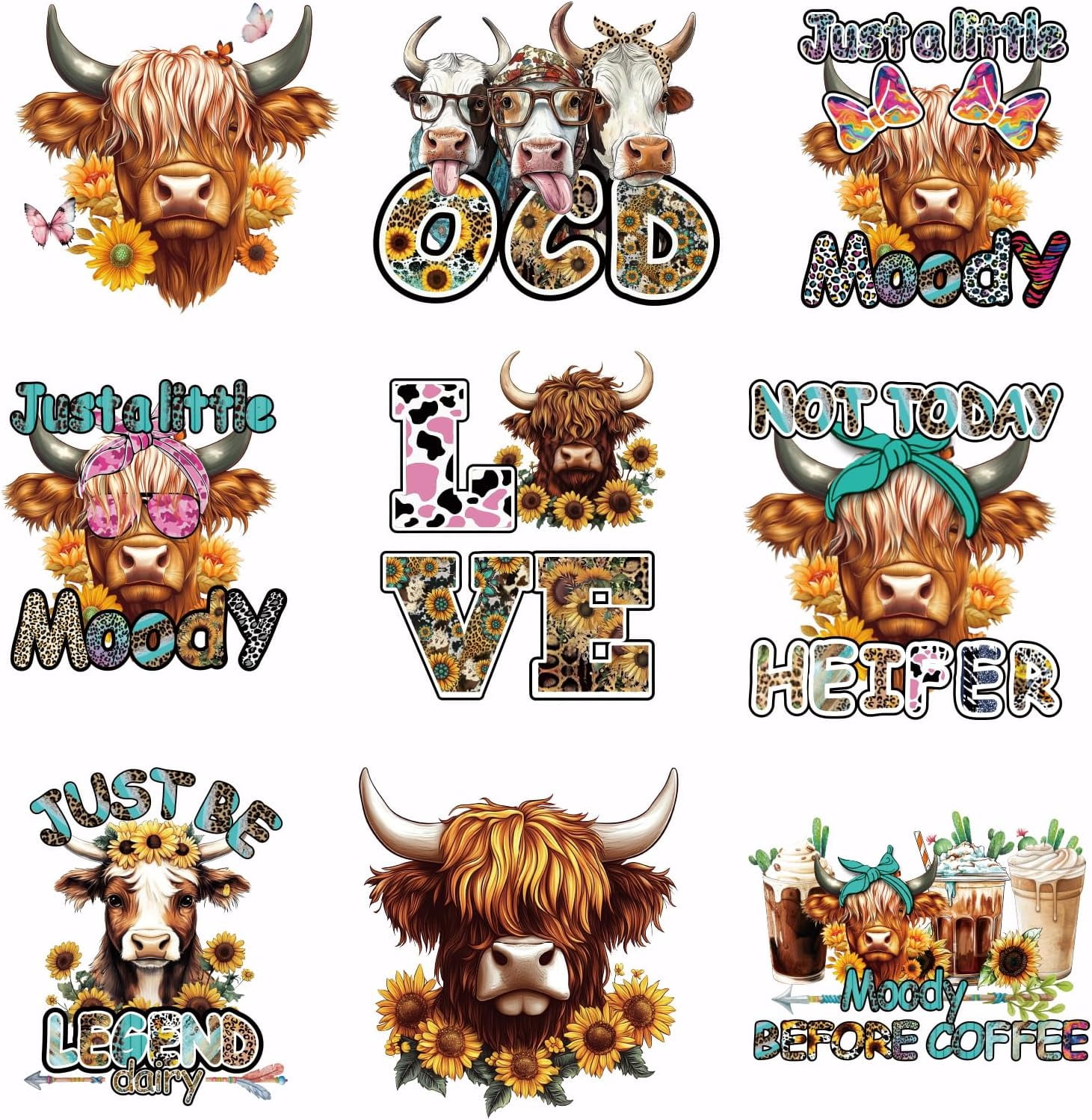 9PCS Highland Cow Iron On Transfer Patches Colorful Animal Heat ...