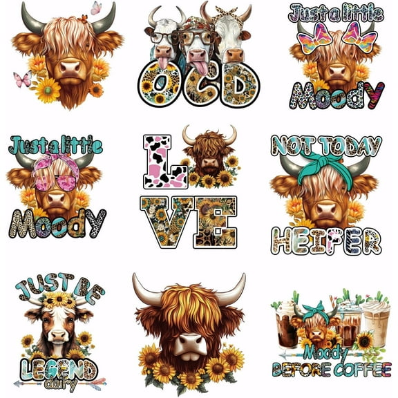 9PCS Highland Cow Iron On Transfer Patches Colorful Animal Heat Transfer Stickers Leopard Print DIY Iron On Decals Washable Heat Transfer Paper