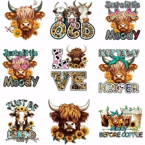 9PCS Highland Cow Iron On Transfer Patches Colorful Animal Heat Transfer Stickers Leopard Print DIY Iron On Decals Washable Heat Transfer Paper for Clothing T-Shirt Backpacks Bag Pillow