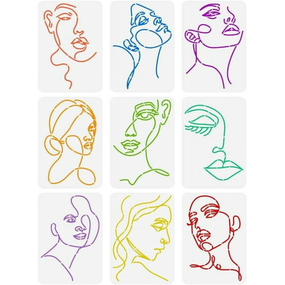 9PCS Lady Line Art Painting Stencil - 8.3x11.7 inch Woman Face Painting Template Minimalist Line Facial Features Character Theme Craft for Wall Wood Furniture