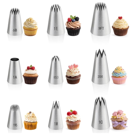 9PCS Large Piping Tips Set, Stainless Steel Cake Decorating Tips, Pastry Cake Decorating Tips Baking Tools for Baking Cupcakes, Cake Decorating