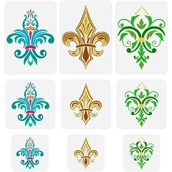 9PCS Lily Pattern Painting Stencil 3 Styles Fleur De Lis Damask Stencil Lily Flower Stencils Reusable Floral Damask Decorative Stencil for Painting on Wall Wood DIY Home Decoration White