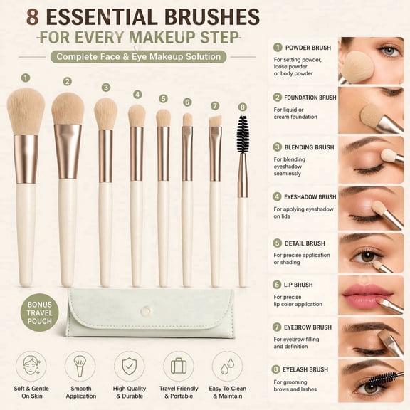 9PCS Makeup Brush Set with Travel Case, 8-Piece Ivory White Face & Eye Makeup Brushes, Soft Synthetic Bristles Cosmetic Brush Kit for Foundation, Powder, Blending, Eyeshadow and Lip Makeup