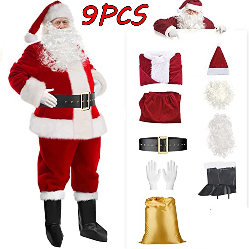 9PCS Men's Christmas Santa Claus Costume Set, Deluxe Santa Suit, Ultra