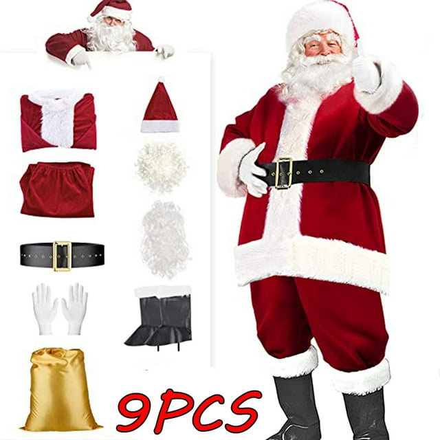 9PCS Men's Santa Claus Costume Set Adult Deluxe Santa Claus Suit
