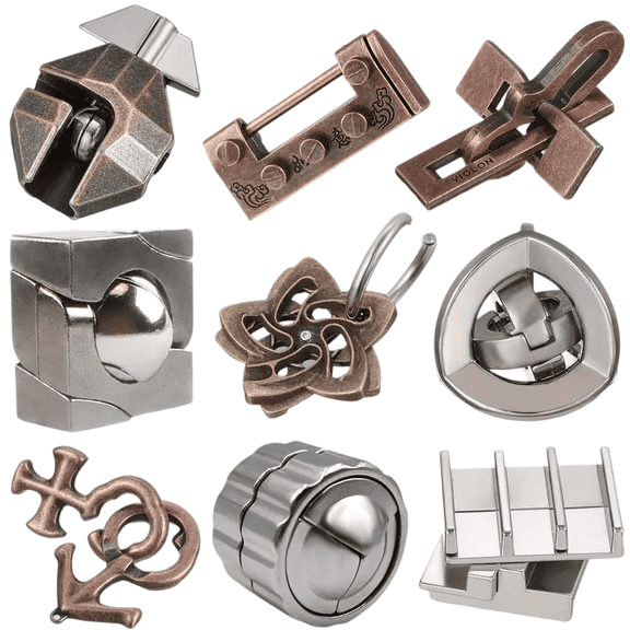 9PCS Metal Brain Teaser Puzzle Set, 3D Steel Interlocking IQ Puzzles with Assorted Shapes (Sphere, Cross, Star, Blocks, Cylinder & More), Logic Mind Challenge Games for Stress Relief & Gift Giving