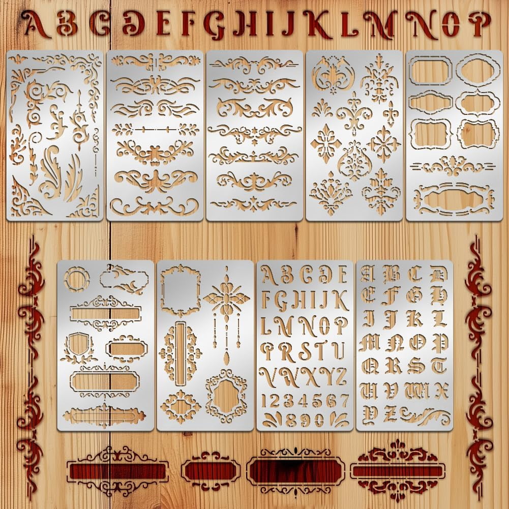 9PCS Metal Stencils Wood Burning Stencil Journal Border Stencils Letter Stencil Engraving Templates for Painting Scrapbooking Bookmark Flower Vines DIY(4 x 7 Inch) Gray