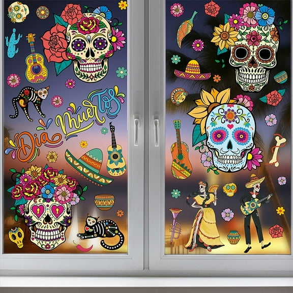 9PCS Mexican Dia de Los Muertos Window Stickers Halloween Window Decorations with Sugar Skull Skeleton Gnome Flowers Design Decals Day of The Dead Party Supplies