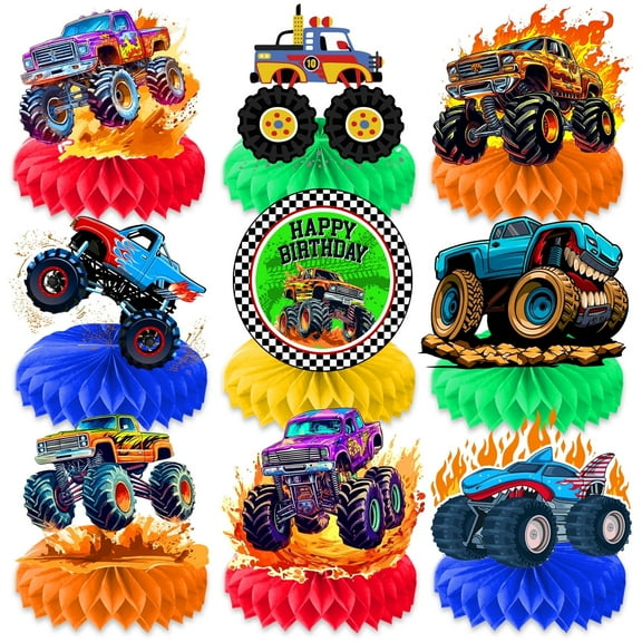 9PCS Monster Truck Honeycomb Centerpieces Themed Birthday Party Decorations Centerpiece Table Decoration Party Favors Decor Supplies Gifts