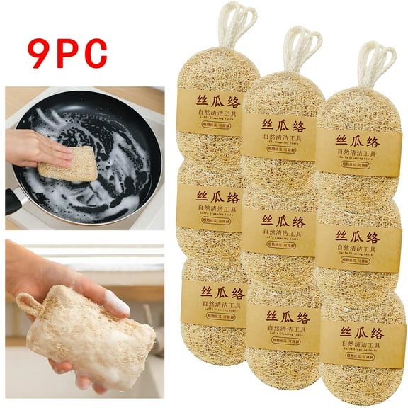 9PCS Natural Loofah Dishwashing Loofah Pulp Natural Loofah Vegetable Scrubber for Kitchen 100% Biodegradable Compostable Pot Brush Dish Towel Scouring Pad Plant Fiber Dishwashing Brush
