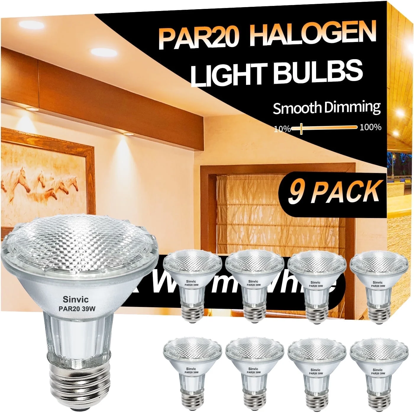 9PCS Par20 Halogen 39W 120V Dimmable, Long Lifespan E26 Par20 Light Bulb with 3000K Warm White for Indoor/Outdoor