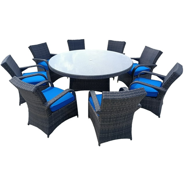 9PCS Patio Set Rattan Dining Chair Table Set Cushioned Chairs W/ Umbrella Hole Aluminium Frame Full Assemble 8 Seating Capacity -- Blue