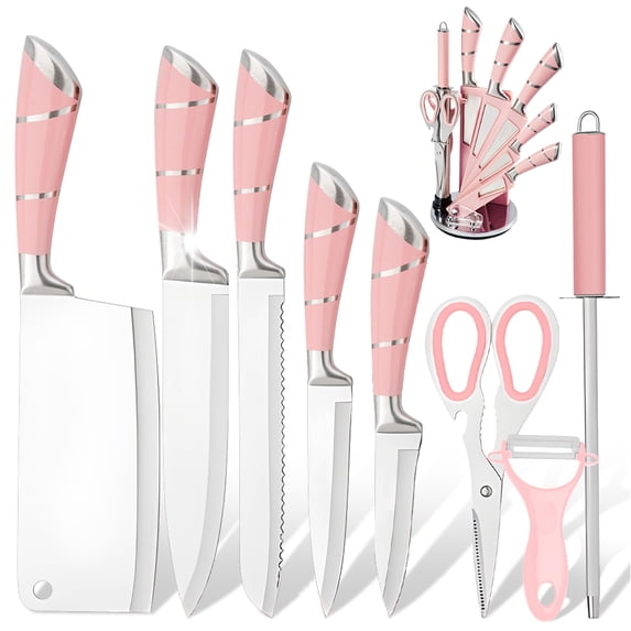 9PCS Pink Kitchen Knife Set Stainless Steel Hollow Handle Chef Knives Complete Set