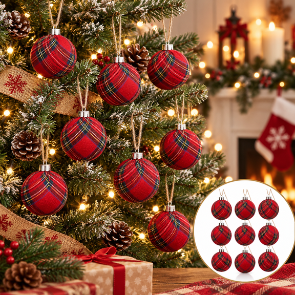 9PCS Plaid Christmas Ball Ornaments Set, Fabric-Wrapped Shatterproof Plastic Baubles with Hanging Strings Green 3.14in