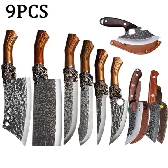 9PCS Professional Kitchen Chef Knife Set with Stainless Steel Utility Boning Cheese Pizza Fish Mini Pocket Cutters for Convenient Food Preparation—including Butcher Knives and Hand Tools