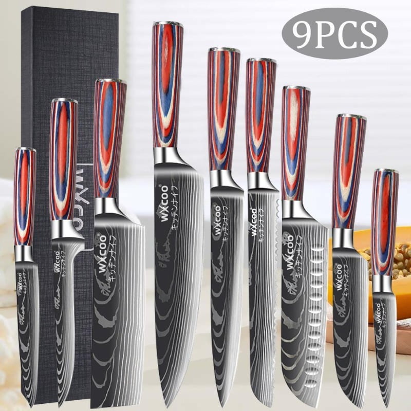 9PCS Professional Stainless Steel Multipurpose Knife Boning Knife Chef Knife Cooking Knife Utility Knife Sharp Sashimi Knife Pizza Small Knives Cutting Knife Fruit Knife Beef Knife Bread Knife