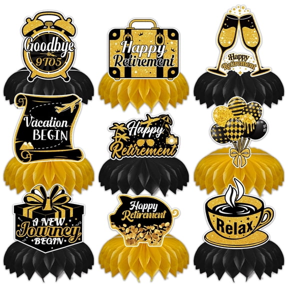 9PCS Retirement Centerpieces Party Decorations, Retirement Centerpieces for Table,Black and Gold Retirement Table Decorations for Retirement Party Supplies Men and