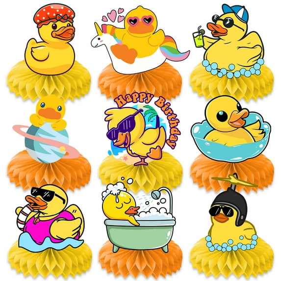 9PCS Rubber Duck Honeycomb Centerpieces Themed Birthday Party Decorations Yellow Duck Animals Centerpiece Table Decoration Party Favors Decor Supplies Gifts for Boys Girls Men Women