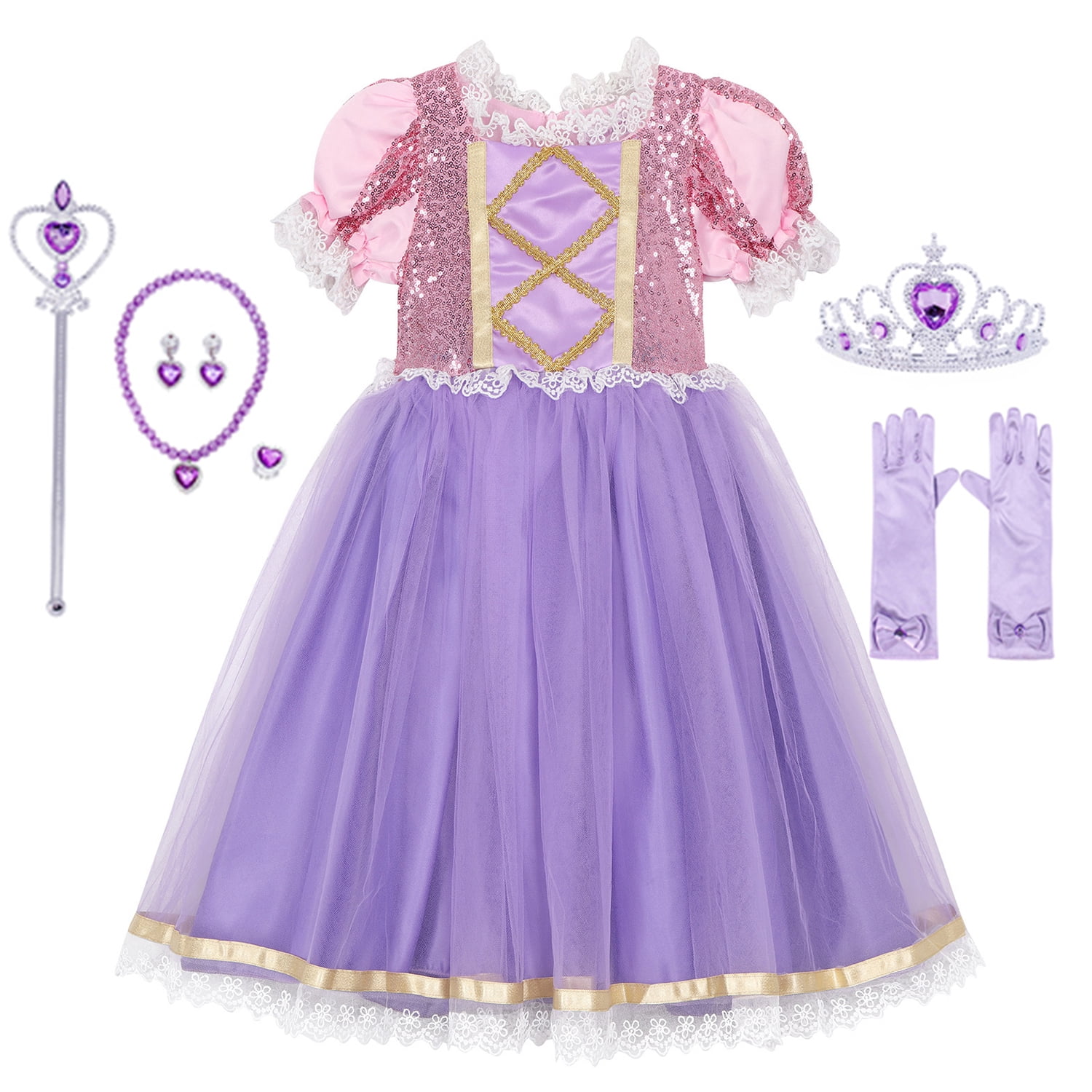 Girls Rapunzel Dress Birthday Princess Costume Fancy Dress for 1-7 Year 