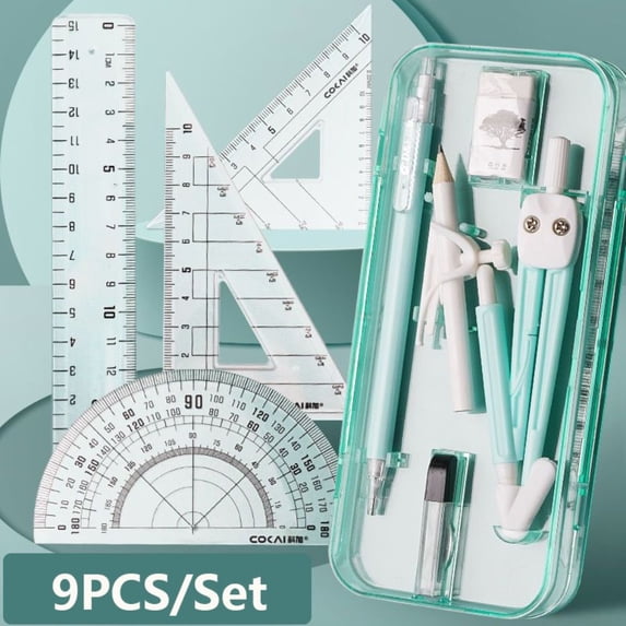 9PCS/Set Plastic Multi-Function Set Square Transparent Eraser Mechanical Pencil Ruler Set Pencil Compass Kit Measuring Ruler Protractor GREEN