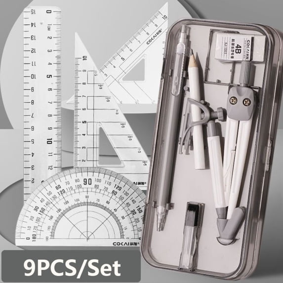 9PCS/Set Plastic Multi-Function Set Square Transparent Eraser Mechanical Pencil Ruler Set Pencil Compass Kit Measuring Ruler Protractor GREY
