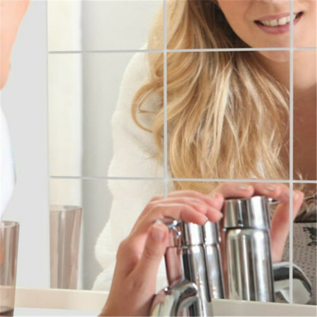 9PCS/Set Square Mirror Tile Self Adhesive Wall Sticker Home Bathroom